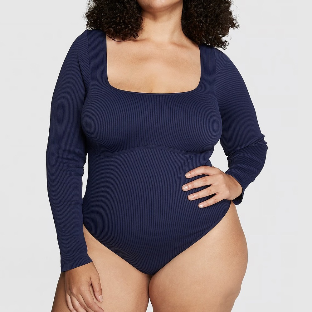 NWT PINK Victoria's Secret Seamless Long Sleeve Black Ribbed Corset Bodysuit | M